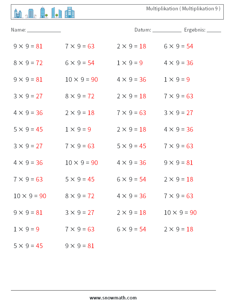 (50) Multiplikation ( Multiplikation 9 ) Mathe-Arbeitsblätter 5 Frage, Antwort