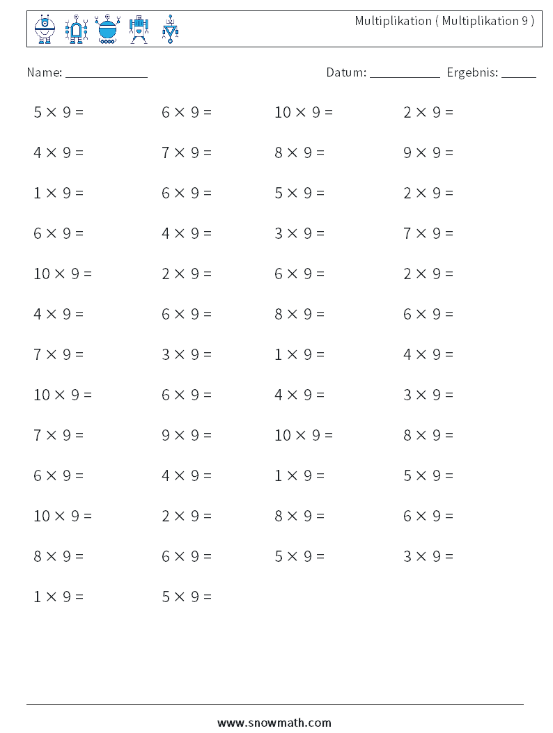 (50) Multiplikation ( Multiplikation 9 ) Mathe-Arbeitsblätter 6