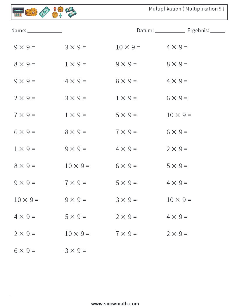 (50) Multiplikation ( Multiplikation 9 ) Mathe-Arbeitsblätter 7
