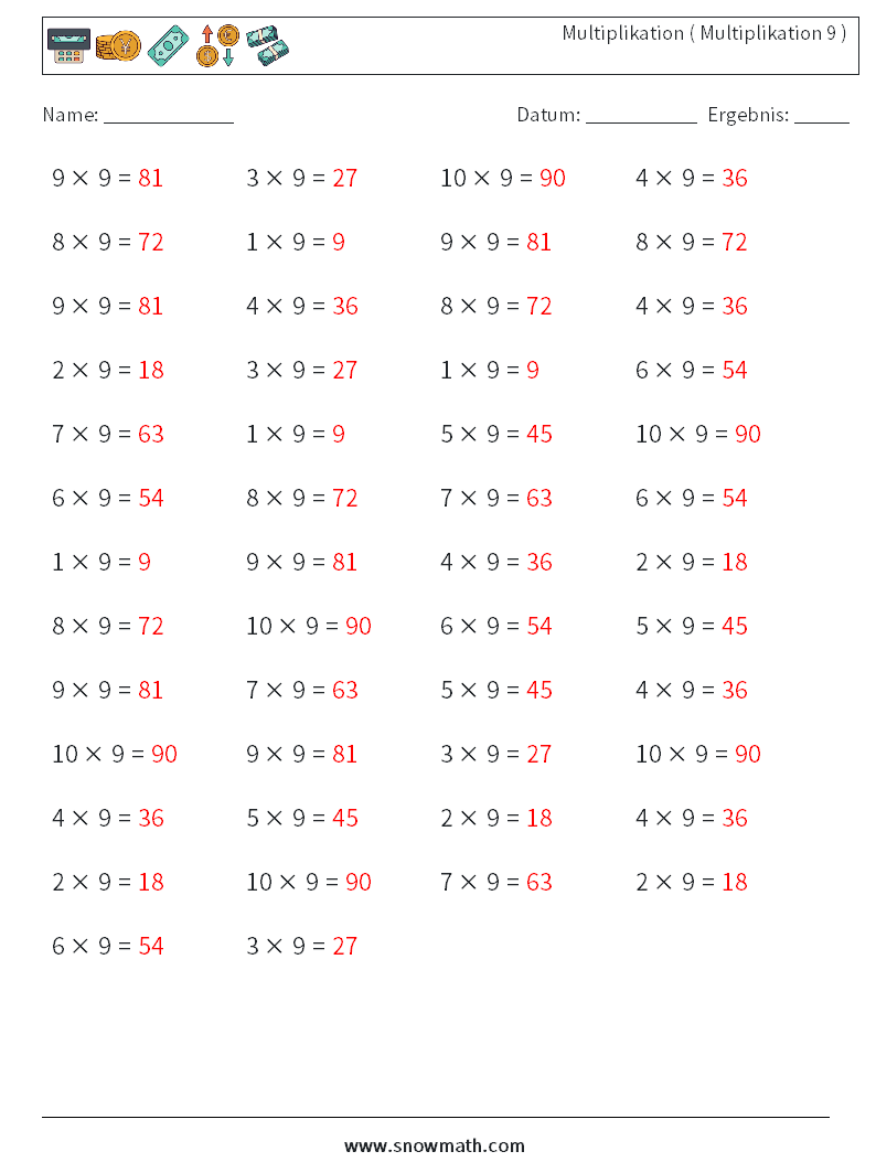 (50) Multiplikation ( Multiplikation 9 ) Mathe-Arbeitsblätter 7 Frage, Antwort