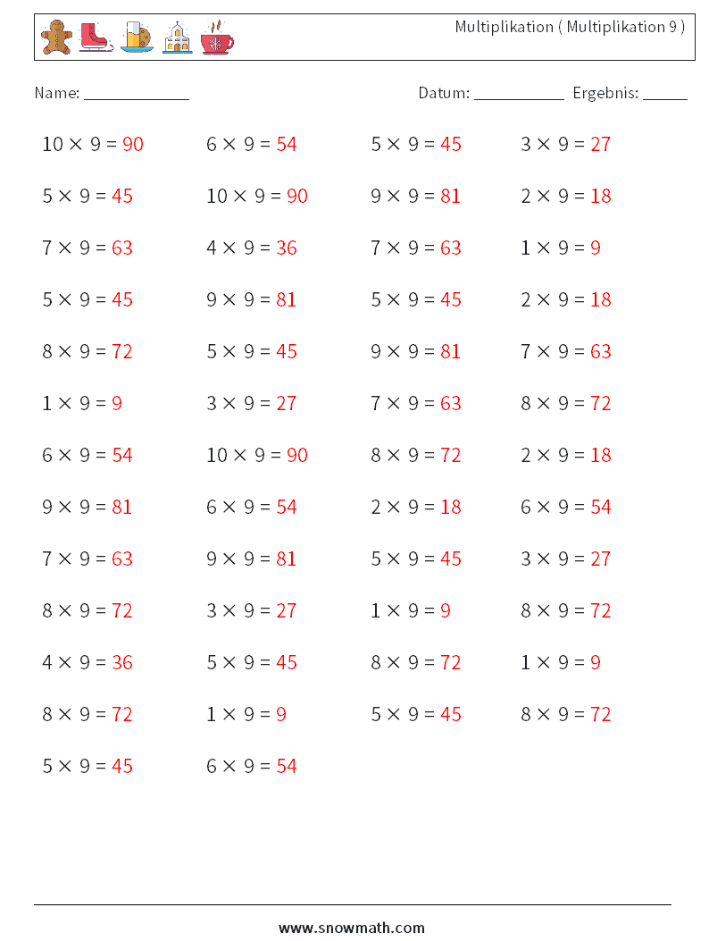 (50) Multiplikation ( Multiplikation 9 ) Mathe-Arbeitsblätter 9 Frage, Antwort