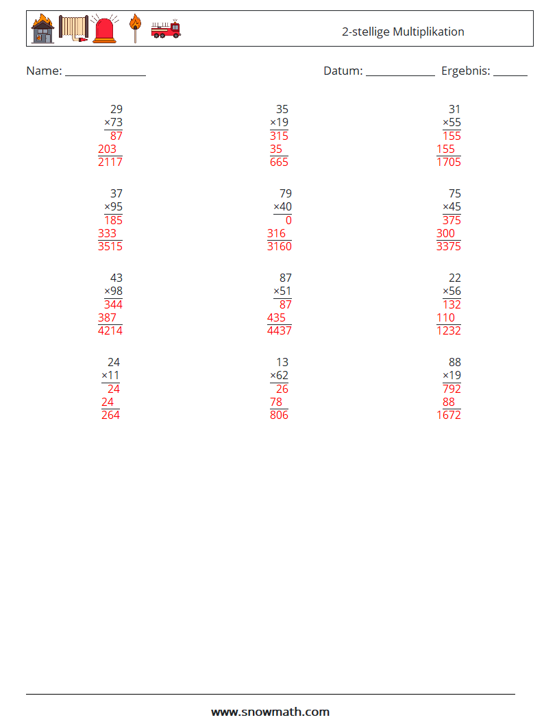 (12) 2-stellige Multiplikation Mathe-Arbeitsblätter 10 Frage, Antwort