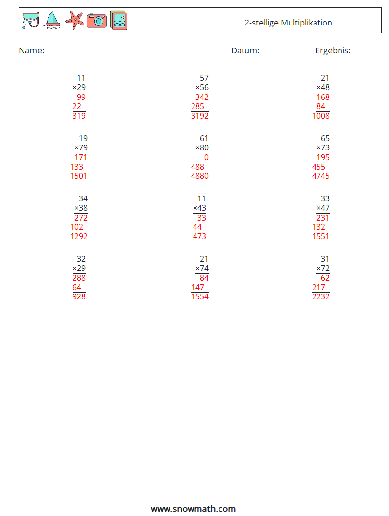 (12) 2-stellige Multiplikation Mathe-Arbeitsblätter 12 Frage, Antwort