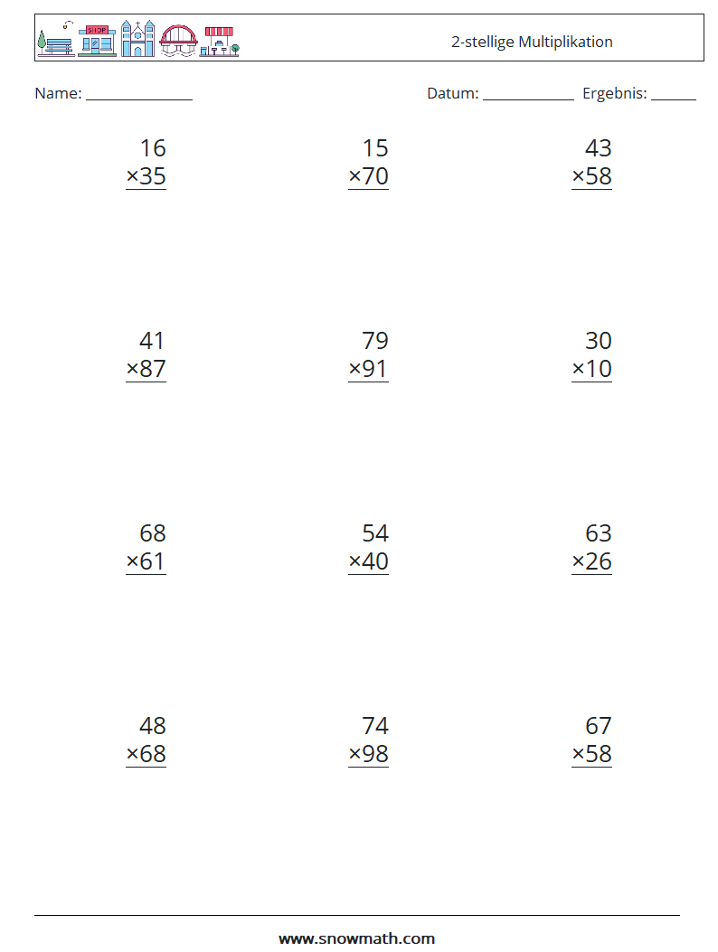 (12) 2-stellige Multiplikation Mathe-Arbeitsblätter 13