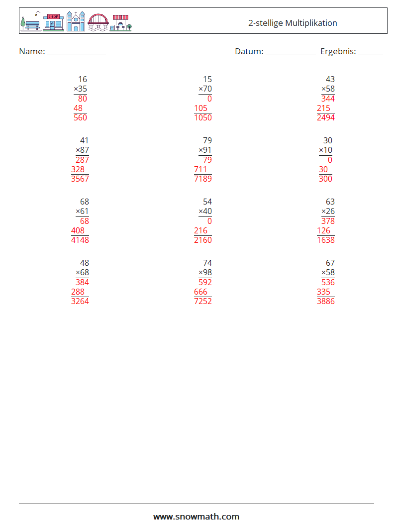 (12) 2-stellige Multiplikation Mathe-Arbeitsblätter 13 Frage, Antwort