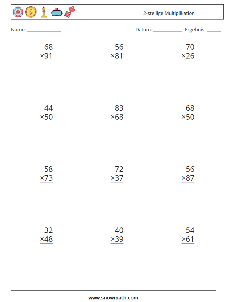 (12) 2-stellige Multiplikation Mathe-Arbeitsblätter 14
