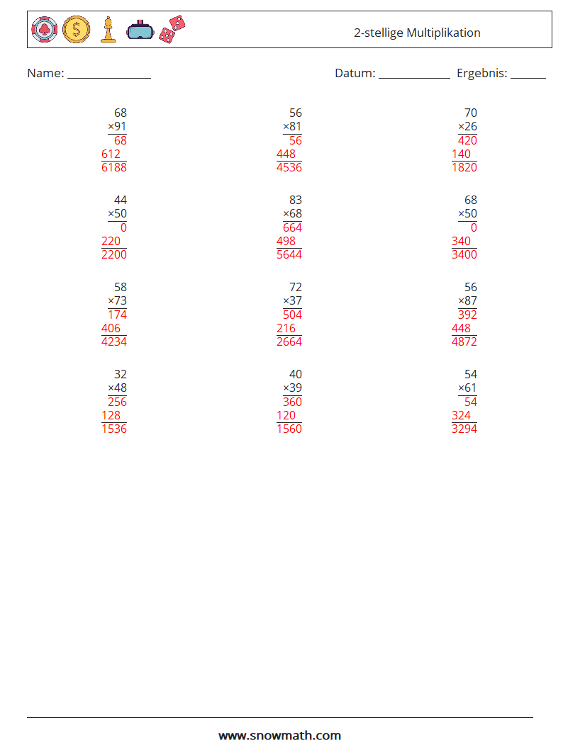 (12) 2-stellige Multiplikation Mathe-Arbeitsblätter 14 Frage, Antwort