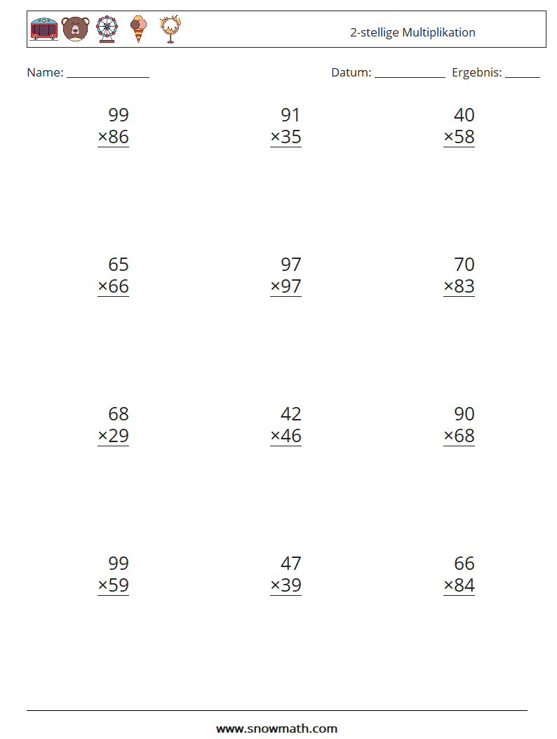 (12) 2-stellige Multiplikation Mathe-Arbeitsblätter 15