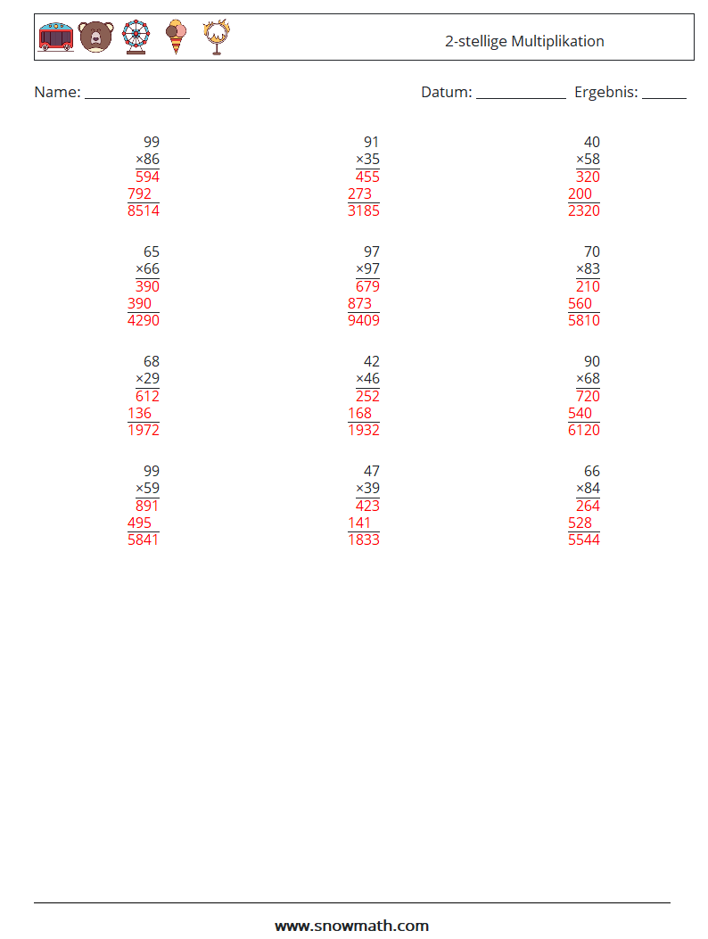 (12) 2-stellige Multiplikation Mathe-Arbeitsblätter 15 Frage, Antwort