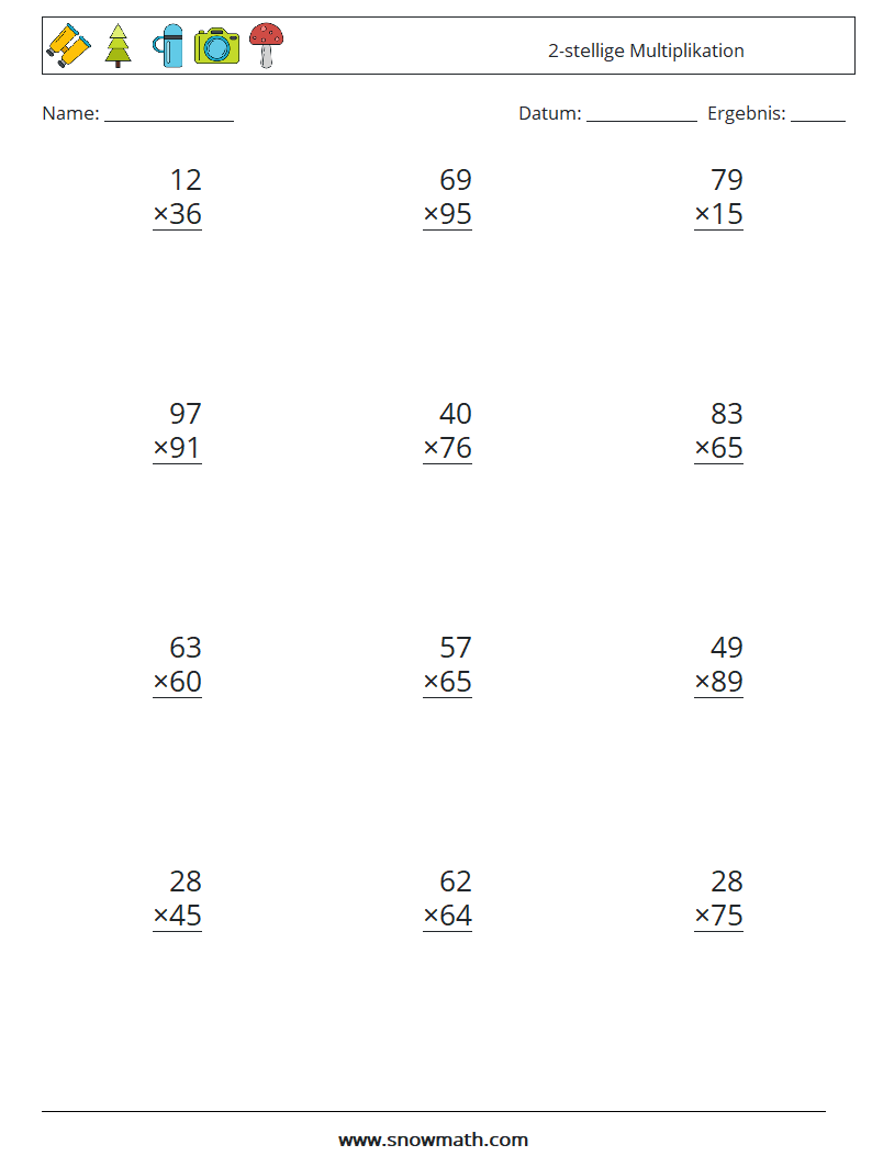 (12) 2-stellige Multiplikation Mathe-Arbeitsblätter 16