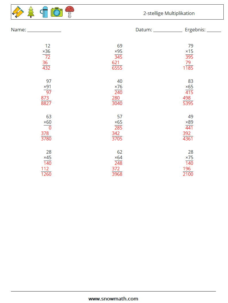(12) 2-stellige Multiplikation Mathe-Arbeitsblätter 16 Frage, Antwort