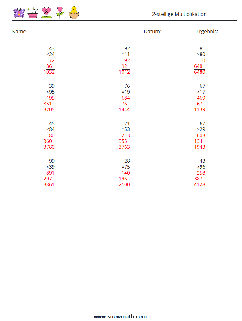 (12) 2-stellige Multiplikation Mathe-Arbeitsblätter 17 Frage, Antwort