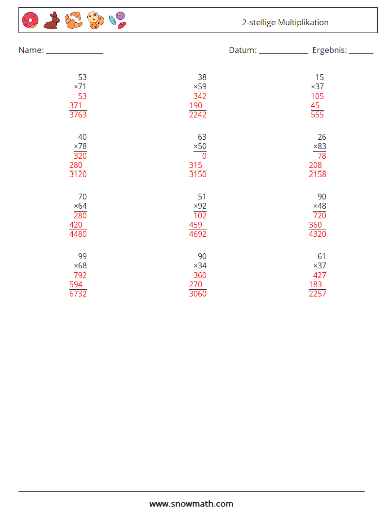 (12) 2-stellige Multiplikation Mathe-Arbeitsblätter 1 Frage, Antwort