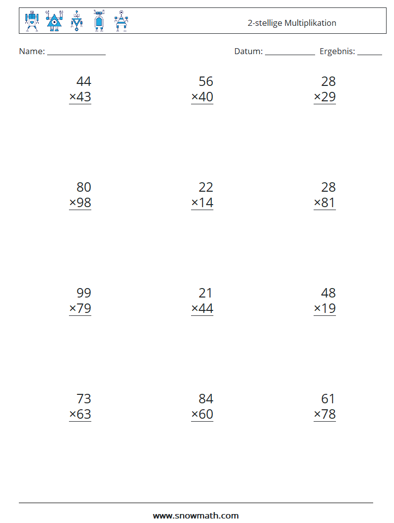 (12) 2-stellige Multiplikation Mathe-Arbeitsblätter 2