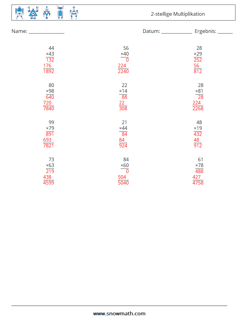 (12) 2-stellige Multiplikation Mathe-Arbeitsblätter 2 Frage, Antwort
