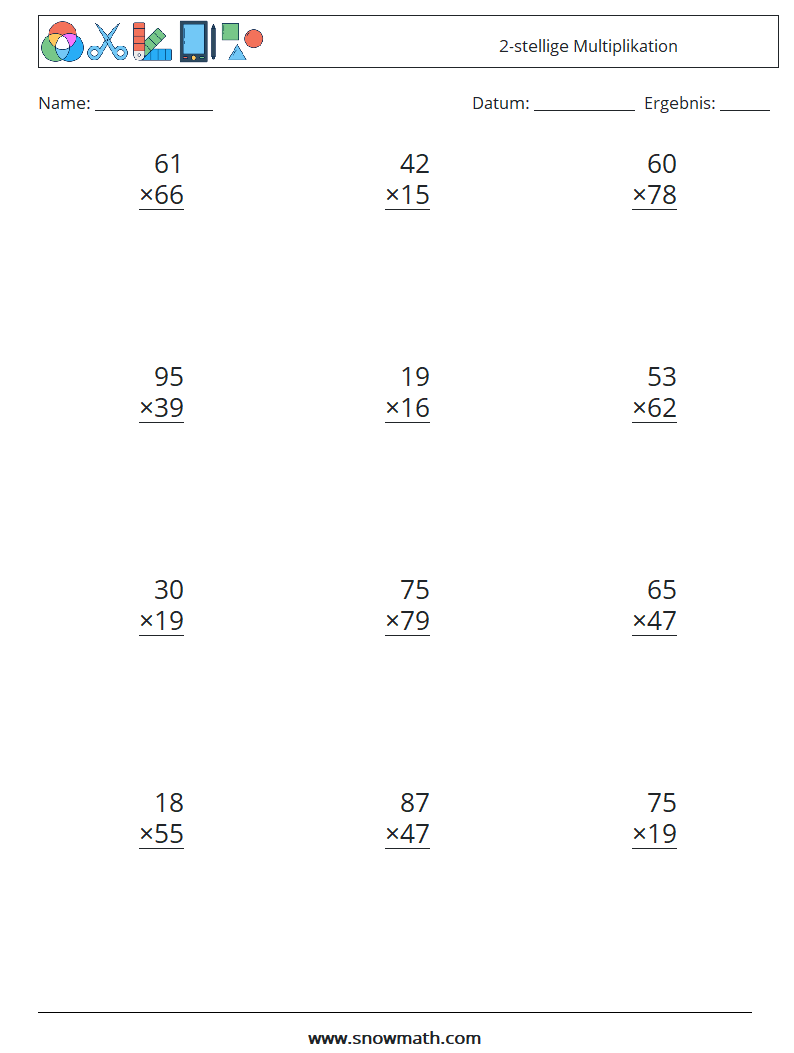 (12) 2-stellige Multiplikation Mathe-Arbeitsblätter 3