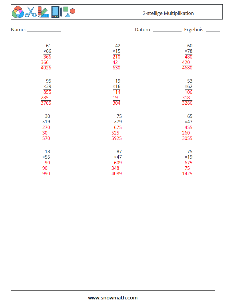 (12) 2-stellige Multiplikation Mathe-Arbeitsblätter 3 Frage, Antwort