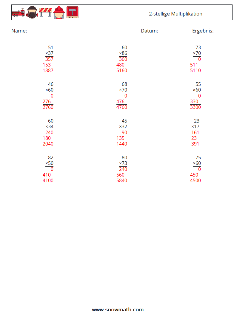 (12) 2-stellige Multiplikation Mathe-Arbeitsblätter 4 Frage, Antwort