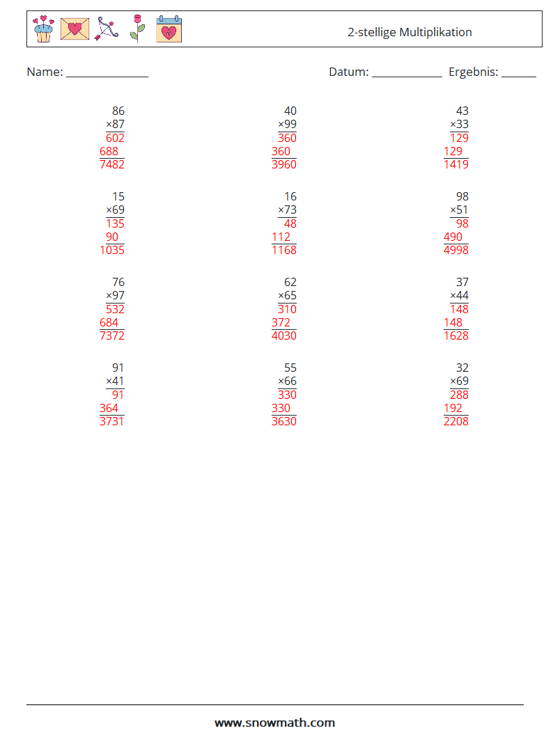(12) 2-stellige Multiplikation Mathe-Arbeitsblätter 5 Frage, Antwort
