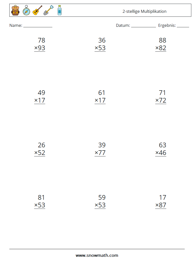 (12) 2-stellige Multiplikation Mathe-Arbeitsblätter 7