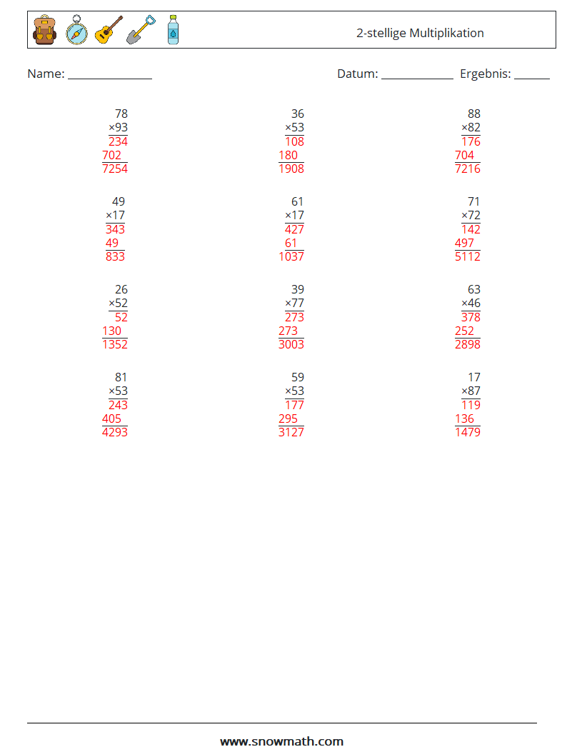 (12) 2-stellige Multiplikation Mathe-Arbeitsblätter 7 Frage, Antwort