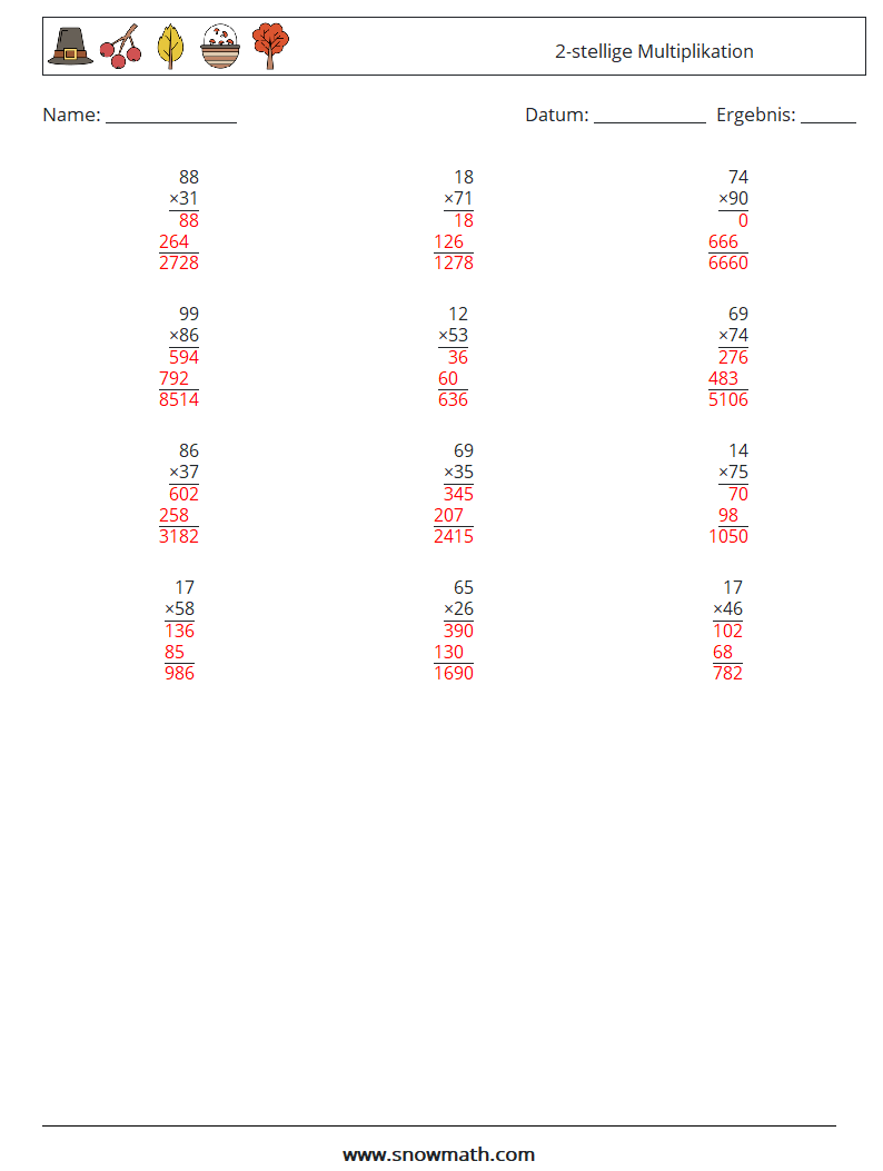 (12) 2-stellige Multiplikation Mathe-Arbeitsblätter 8 Frage, Antwort