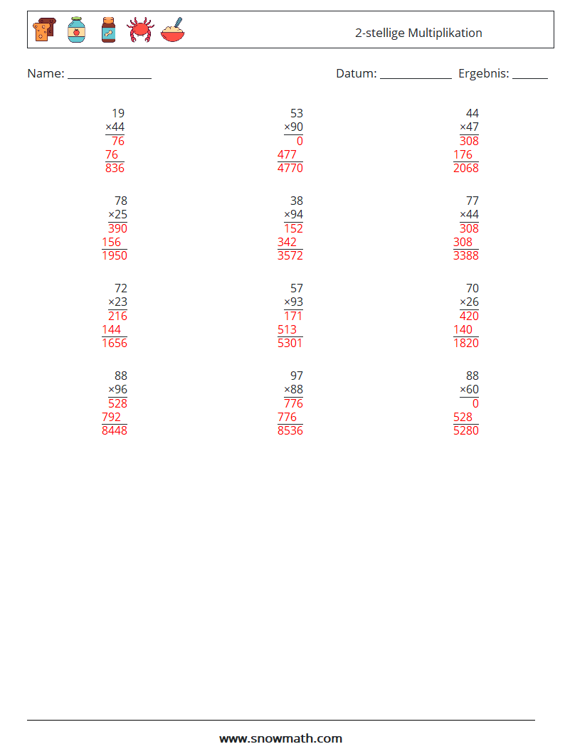 (12) 2-stellige Multiplikation Mathe-Arbeitsblätter 9 Frage, Antwort