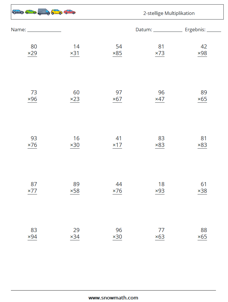 (25) 2-stellige Multiplikation Mathe-Arbeitsblätter 10
