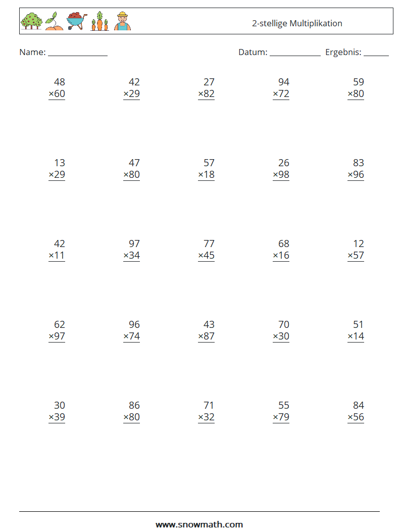 (25) 2-stellige Multiplikation Mathe-Arbeitsblätter 11