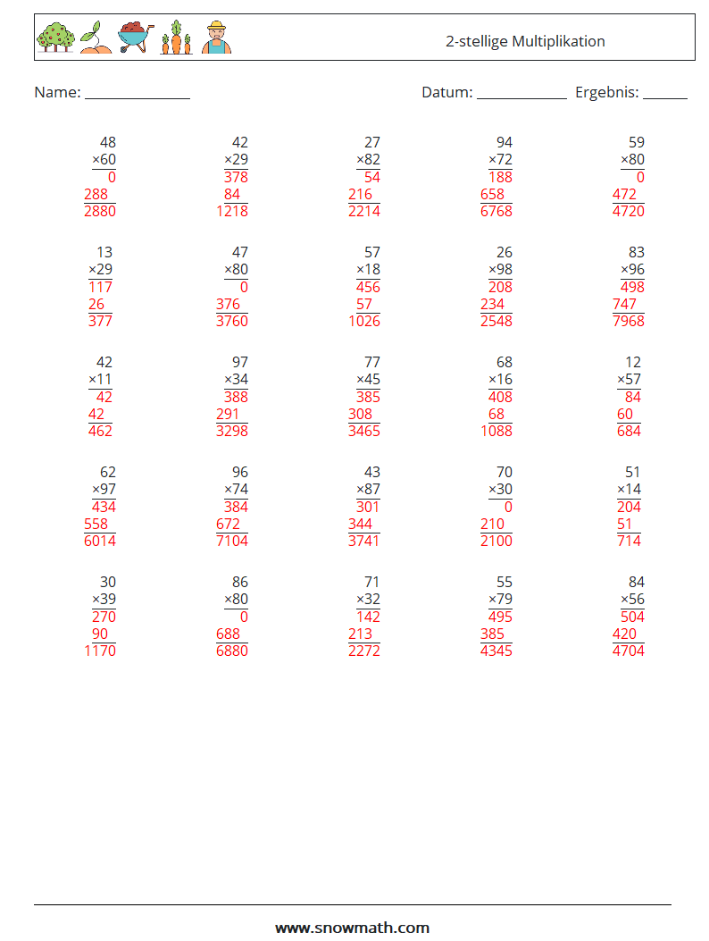 (25) 2-stellige Multiplikation Mathe-Arbeitsblätter 11 Frage, Antwort