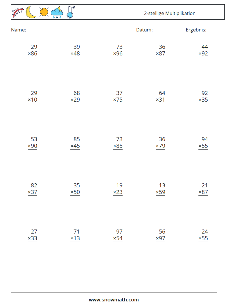 (25) 2-stellige Multiplikation Mathe-Arbeitsblätter 12