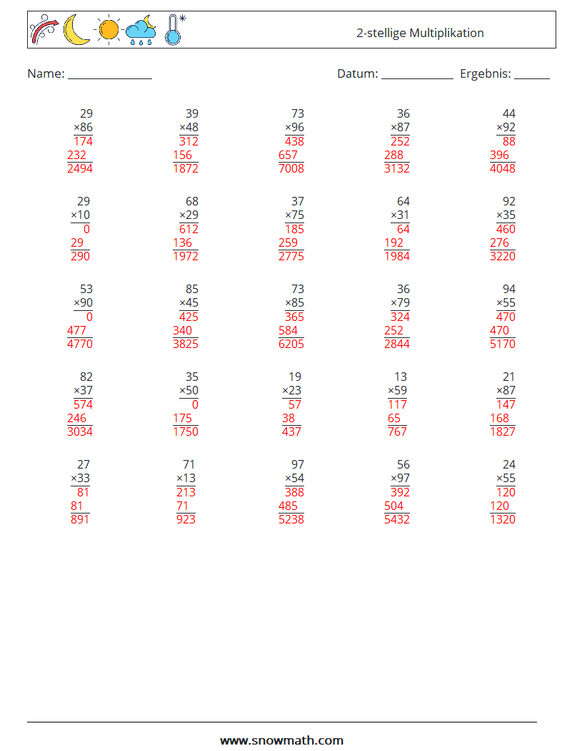 (25) 2-stellige Multiplikation Mathe-Arbeitsblätter 12 Frage, Antwort