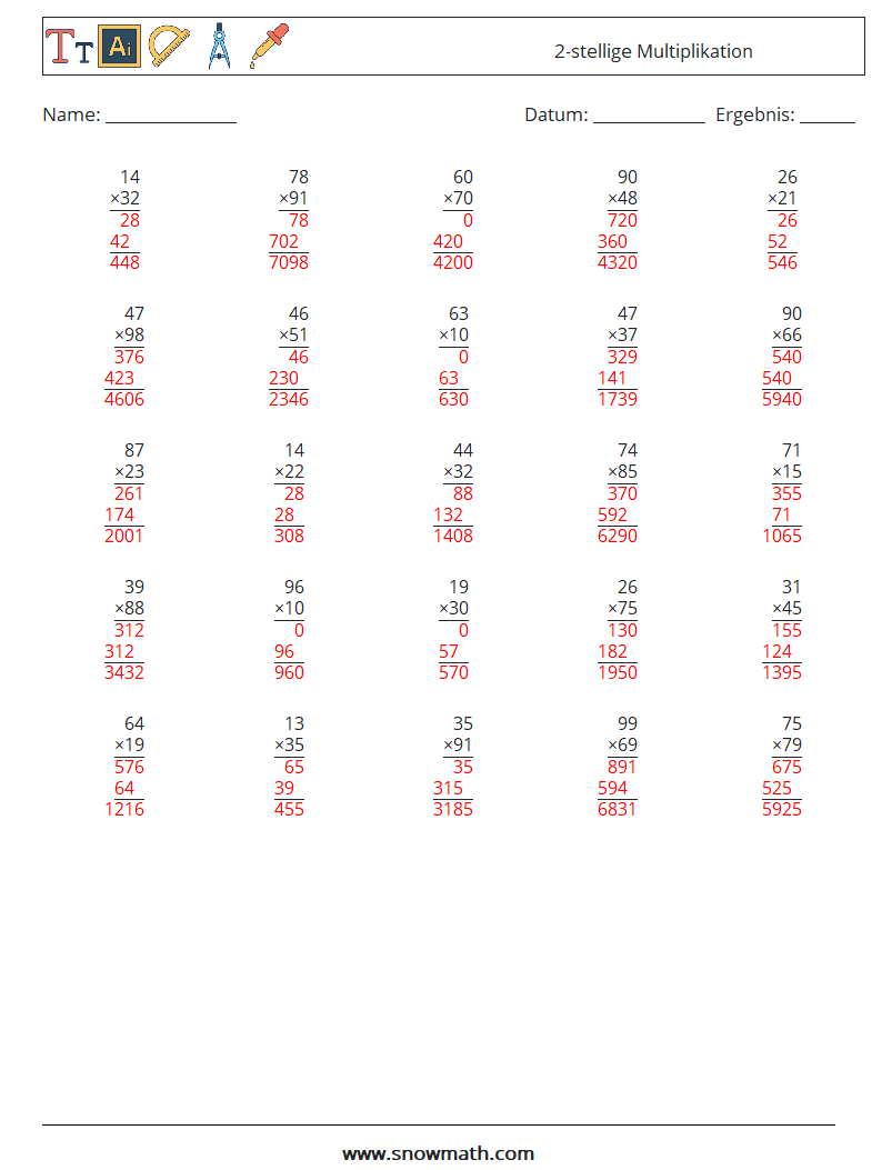 (25) 2-stellige Multiplikation Mathe-Arbeitsblätter 13 Frage, Antwort