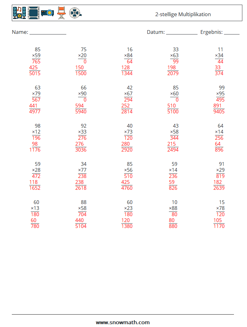 (25) 2-stellige Multiplikation Mathe-Arbeitsblätter 14 Frage, Antwort