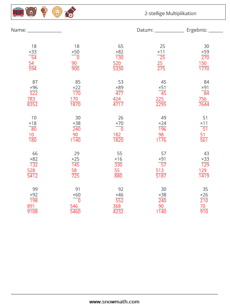 (25) 2-stellige Multiplikation Mathe-Arbeitsblätter 15 Frage, Antwort