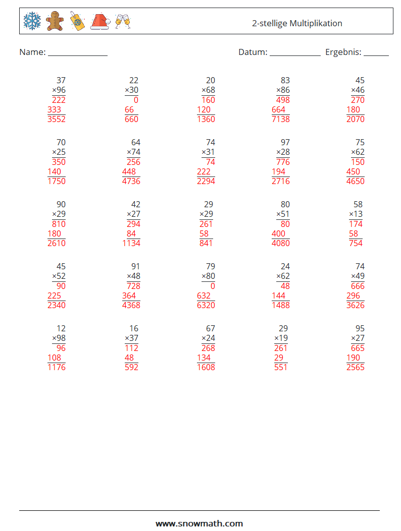 (25) 2-stellige Multiplikation Mathe-Arbeitsblätter 16 Frage, Antwort