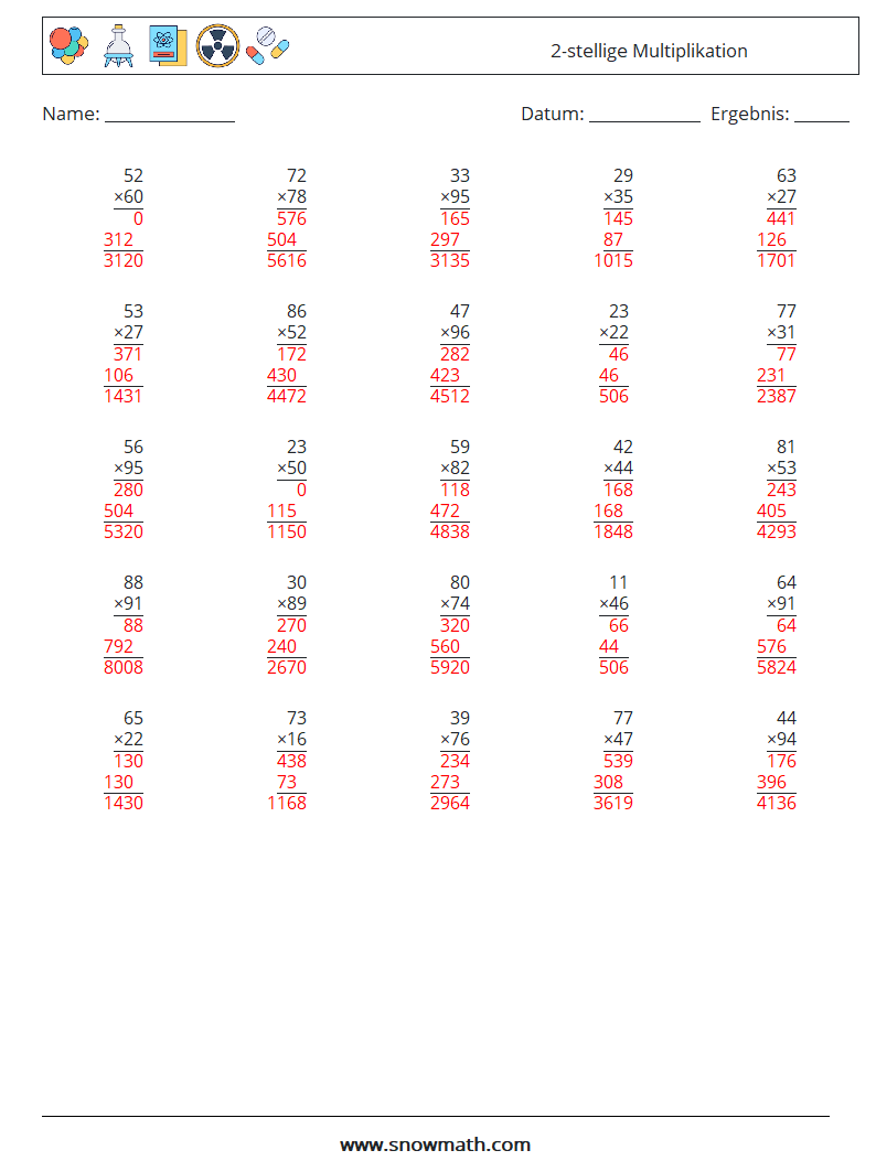 (25) 2-stellige Multiplikation Mathe-Arbeitsblätter 17 Frage, Antwort