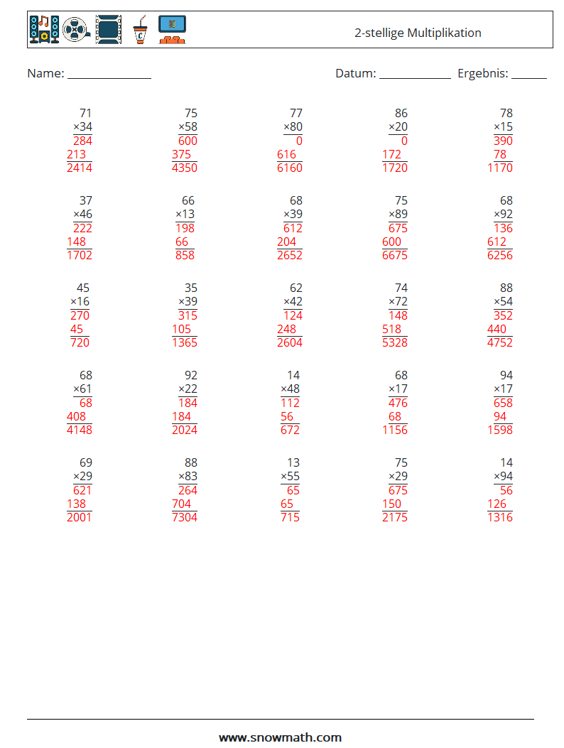 (25) 2-stellige Multiplikation Mathe-Arbeitsblätter 18 Frage, Antwort