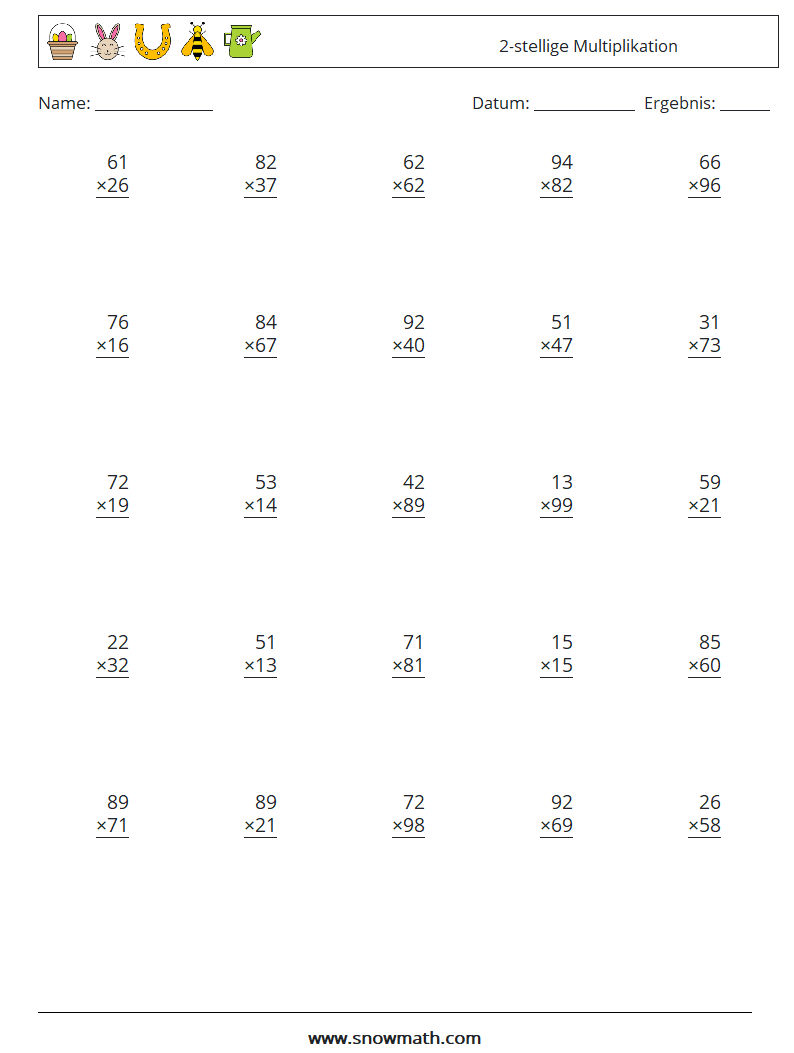 (25) 2-stellige Multiplikation Mathe-Arbeitsblätter 2