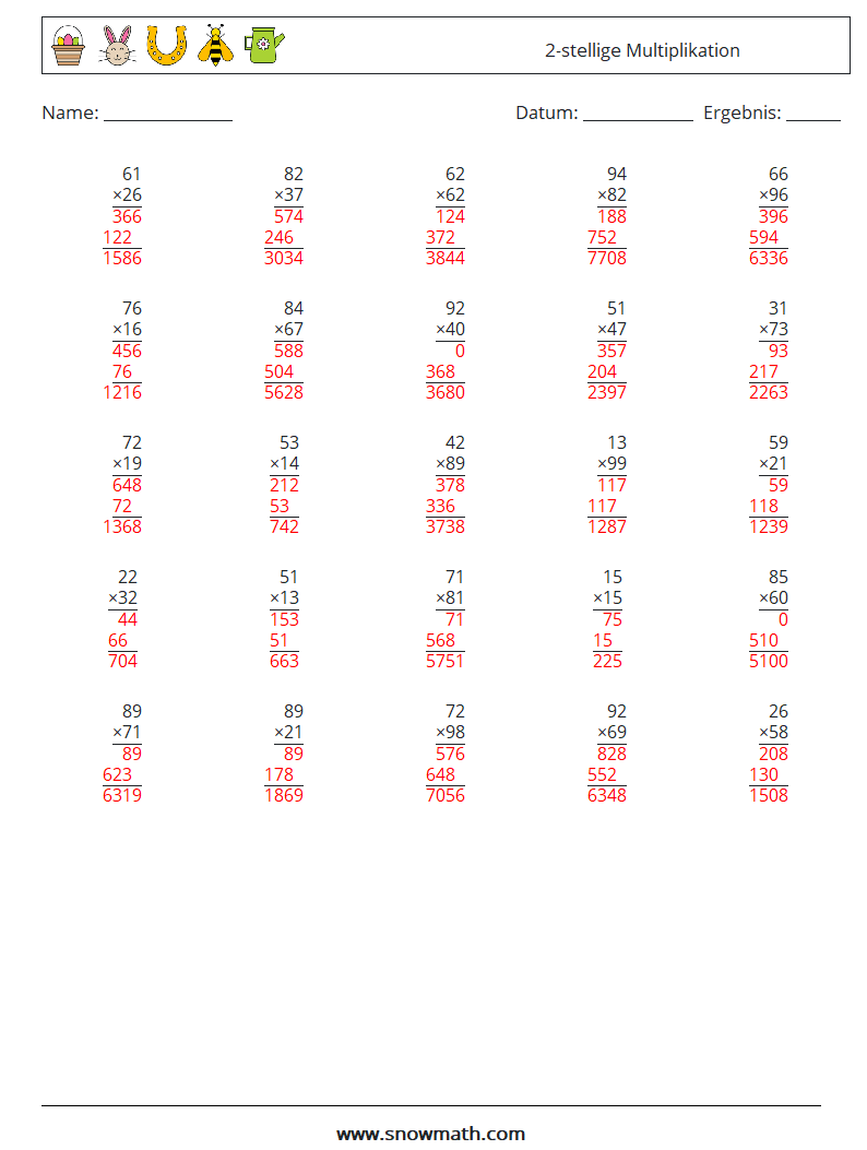 (25) 2-stellige Multiplikation Mathe-Arbeitsblätter 2 Frage, Antwort