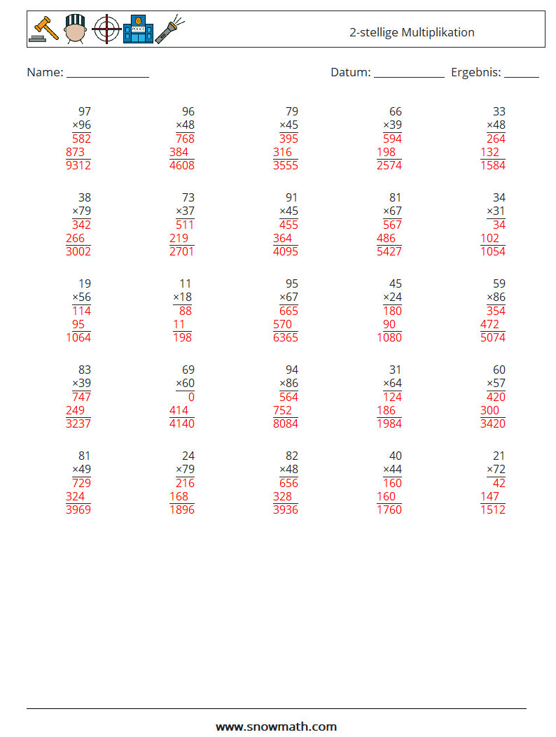 (25) 2-stellige Multiplikation Mathe-Arbeitsblätter 4 Frage, Antwort