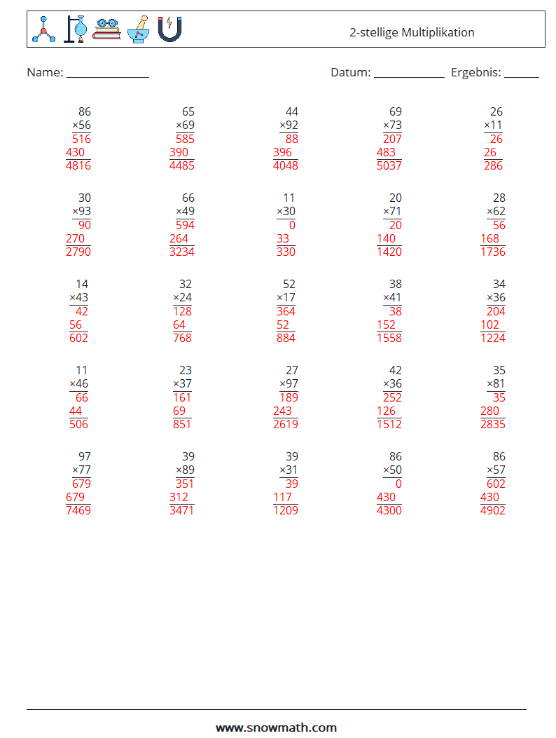 (25) 2-stellige Multiplikation Mathe-Arbeitsblätter 5 Frage, Antwort