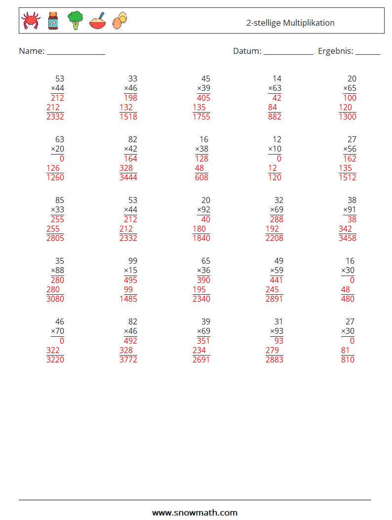 (25) 2-stellige Multiplikation Mathe-Arbeitsblätter 6 Frage, Antwort