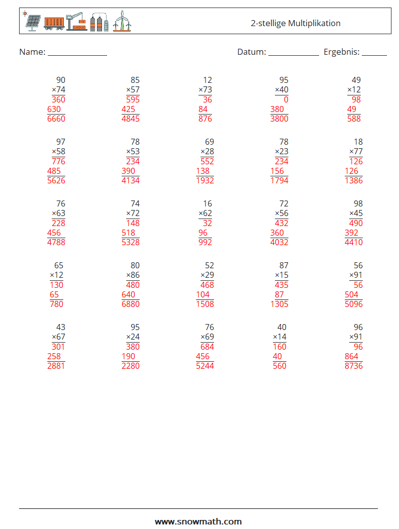 (25) 2-stellige Multiplikation Mathe-Arbeitsblätter 7 Frage, Antwort