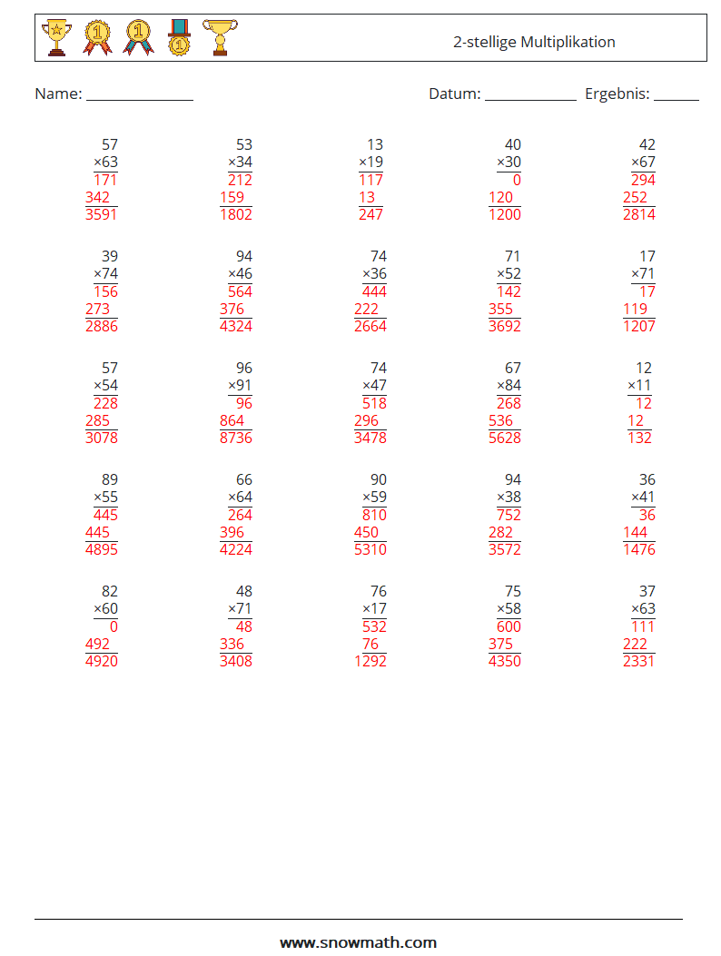 (25) 2-stellige Multiplikation Mathe-Arbeitsblätter 8 Frage, Antwort