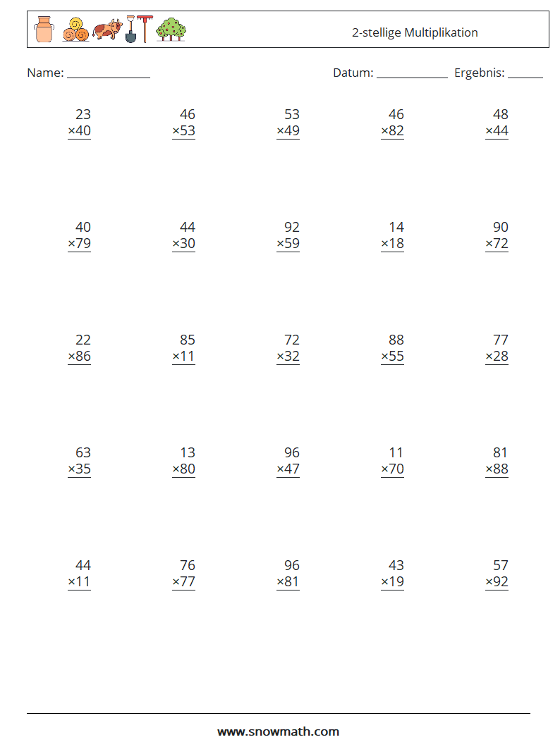 (25) 2-stellige Multiplikation Mathe-Arbeitsblätter 9