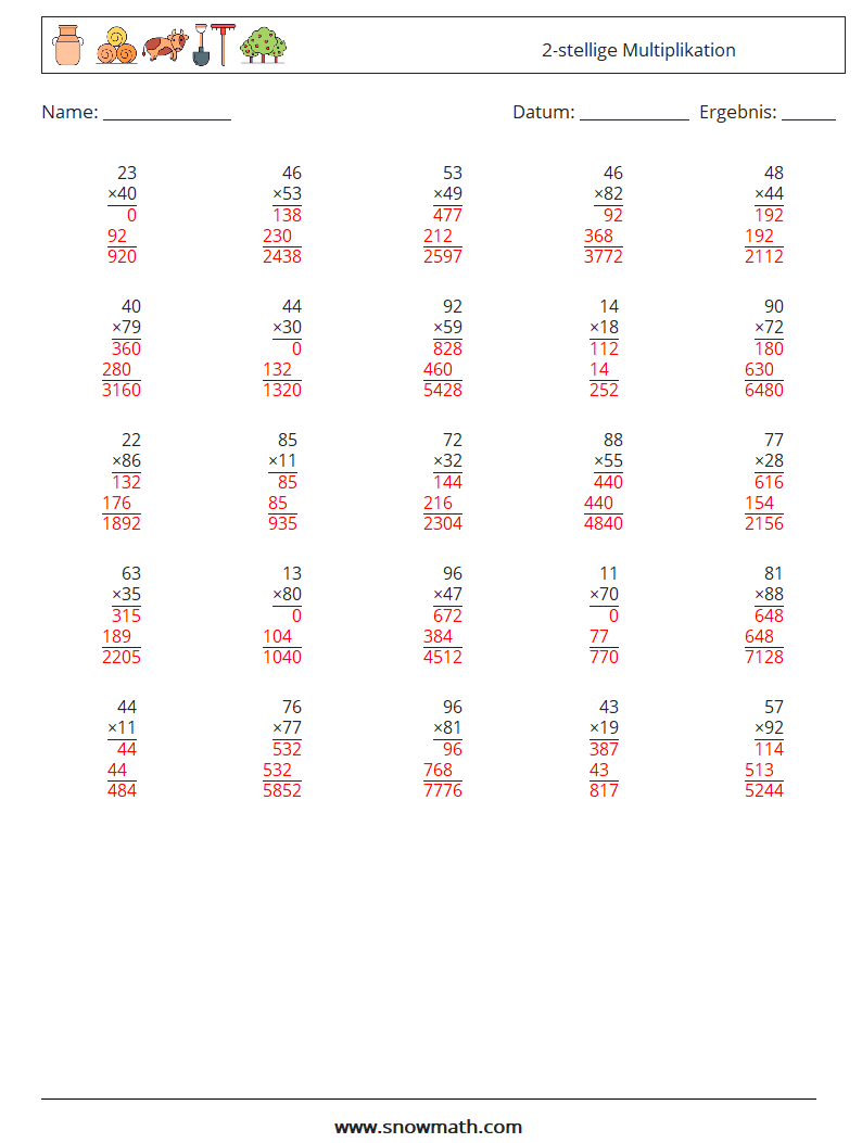 (25) 2-stellige Multiplikation Mathe-Arbeitsblätter 9 Frage, Antwort