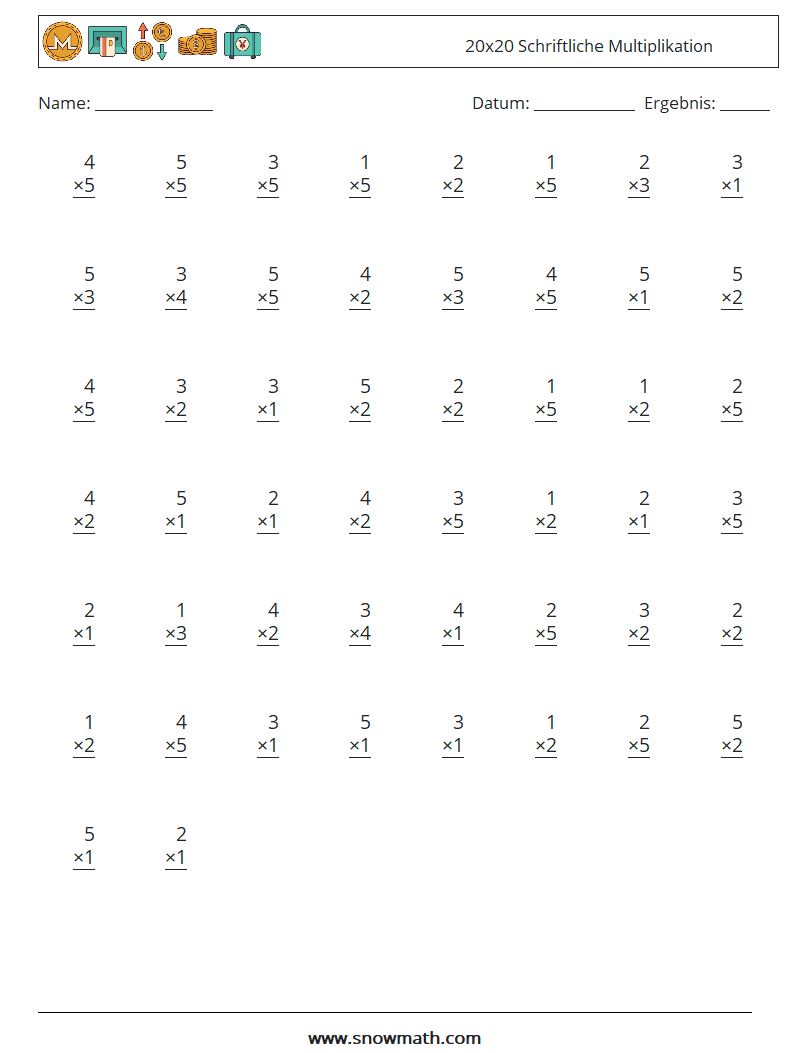 (50) 20x20 Schriftliche Multiplikation Mathe-Arbeitsblätter 1