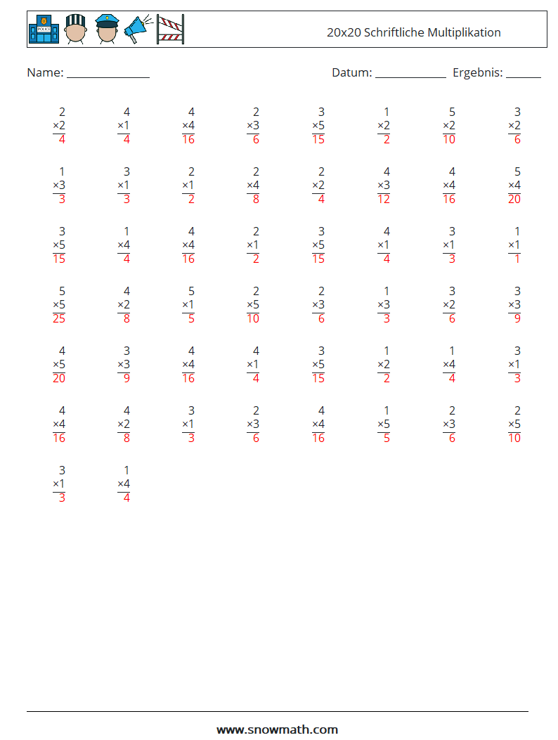 (50) 20x20 Schriftliche Multiplikation Mathe-Arbeitsblätter 11 Frage, Antwort