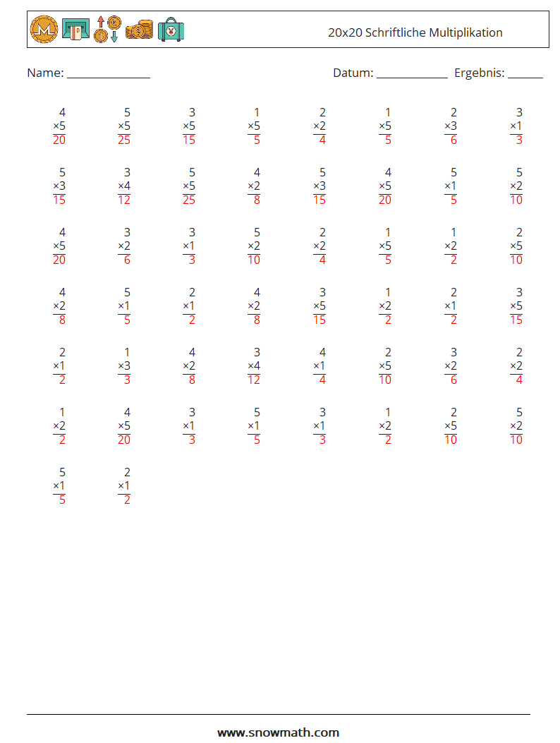 (50) 20x20 Schriftliche Multiplikation Mathe-Arbeitsblätter 1 Frage, Antwort